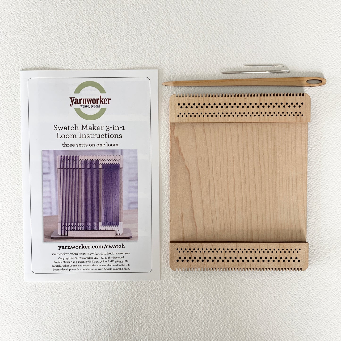 Swatch Maker 3-in-1 includes instructions, sett tips, wooden weaving needle, metal tapestry needle, and small metal threading needle