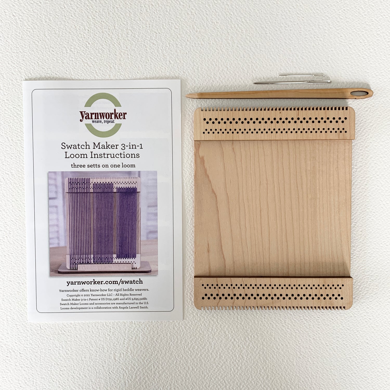 Swatch Maker 3-in-1 includes instructions, sett tips, wooden weaving needle, metal tapestry needle, and small metal threading needle